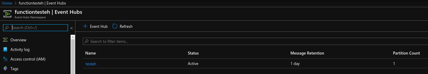 Azure Portal: Event Hub creation