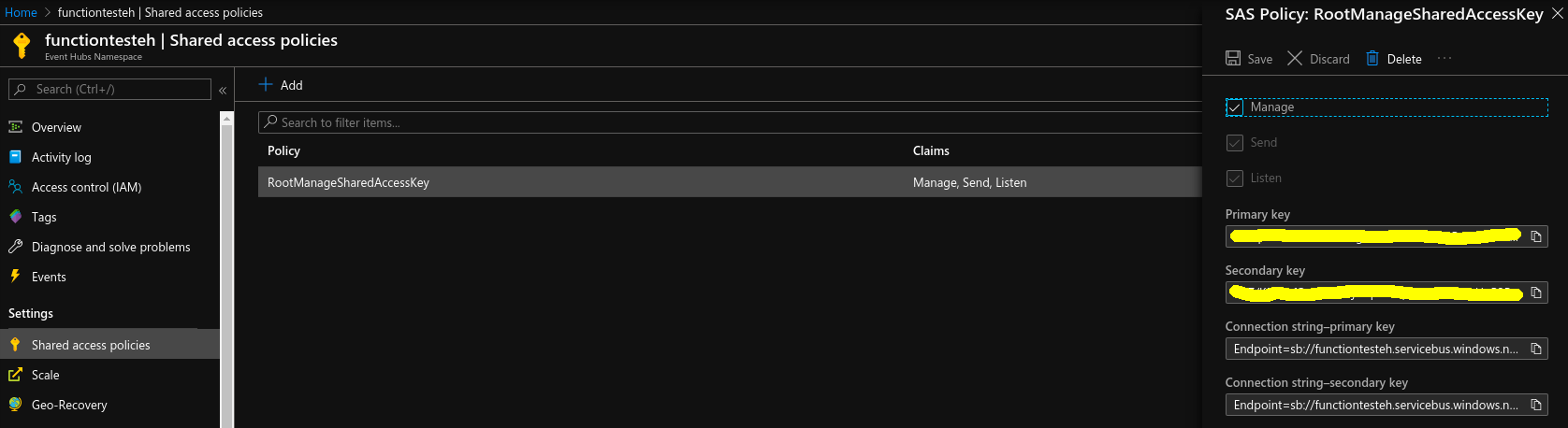 Azure Portal: Event Hub connection string